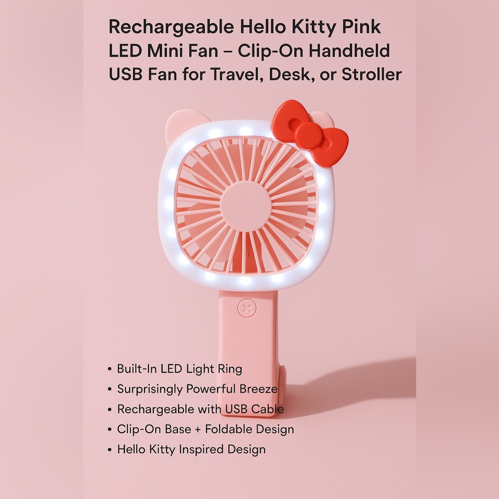 Rechargeable Hello Kitty Mini Fan Pink LED Clip-On‎ Handheld USB Fan Travel Desk